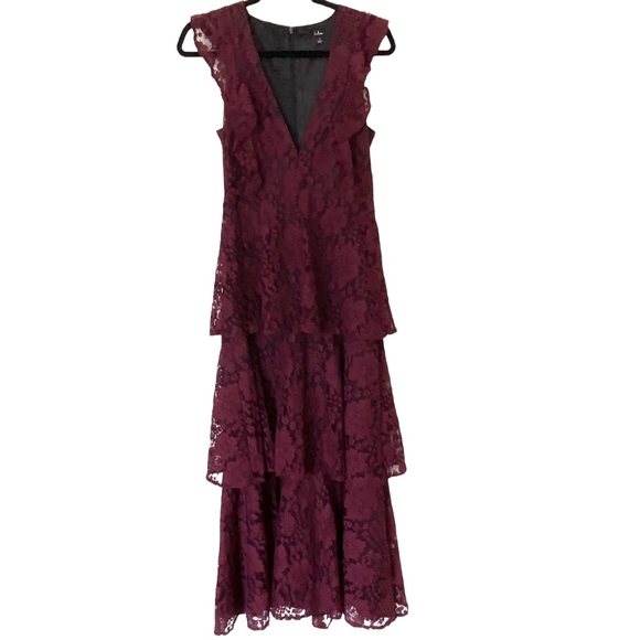 Lulu's Molinetto Lace Ruffled Tiered Sleeveless Maxi Dress in Burgundy, Size S - Picture 3 of 14